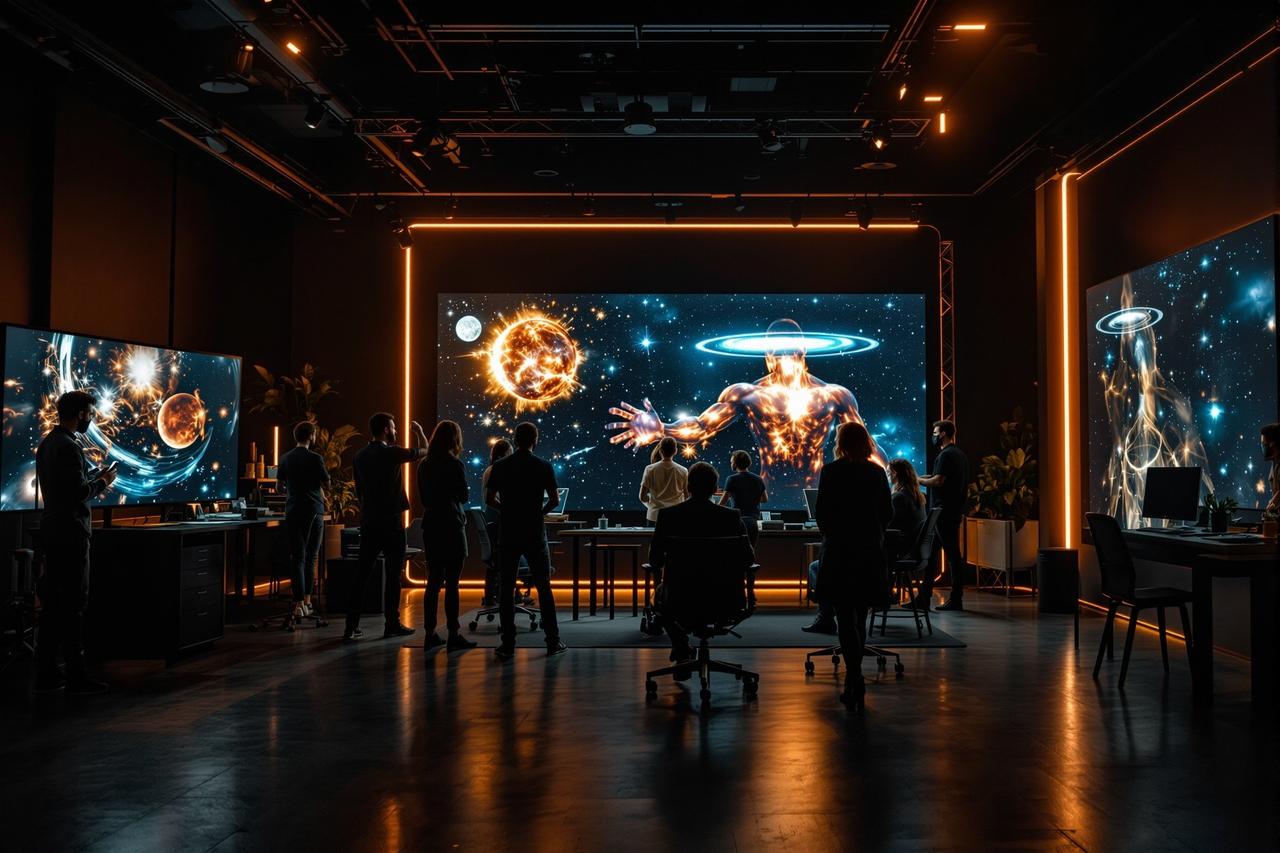 伊人影视科研团队在现代化暗色调工作室协作,大屏幕显示宇宙可视化画面
